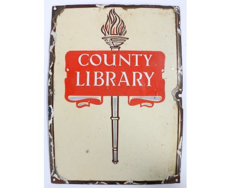 County Library enamel sign, COUNTY LIBRARY with a torch and scroll, 33cm x 46cm