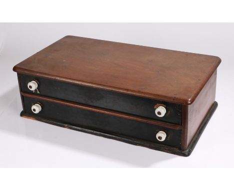 Victorian salesman's box, inscribed Clark &amp; Co. Anchor Mills, with anchor logo, the two drawers with ceramic handles and 