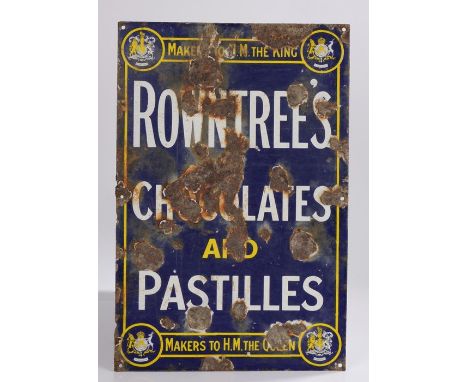 Enamel advertising sign for "Rowntree's Chocolates and Pastilles, makers to the King, makers to the Queen", with Royal crest 
