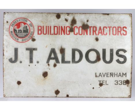 J.T. Aldous Building Contractors enamel sign, Federation of Master Builders logo to the top corner, 91cm x 61cm
