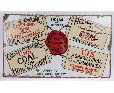 Co-operative Wholesale Society Limited Manchester enamel sign, featuring four luggage tags, united by Red Seal on white groun