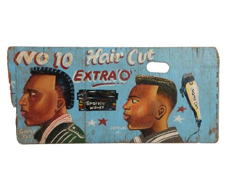 West African hair dresser sign, City Boys Studio Kumasi, Ghana, circa 1990, No 10 Hair Cut, Extra 'O' with hair style types, 