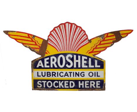 Aeroshell enamel sign, Aeroshell Lubricating Oil Stocked Here, the text to the  shaped double sided enamel sign, 71.5cm wide