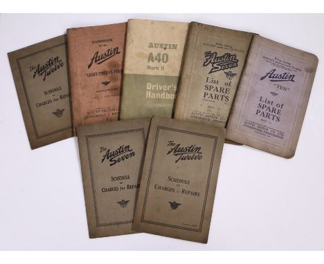 The Austin, a collection of handbooks and part lists, to include Schedule of Charges for Repairs, List of Spare Parts, A40 Ma