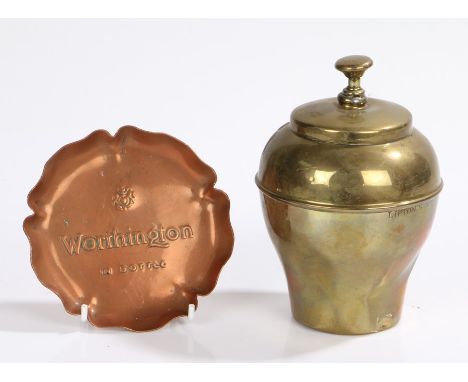 Lipton' s souvenir tea caddy, British Empire Exhibition 1925, 15.5cm high, copper dish "Worthington in bottle", 11.5cm diamet