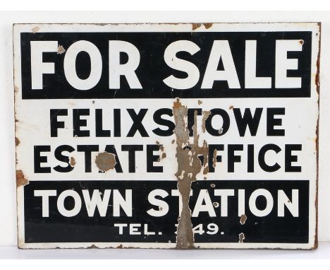 Felixstowe Estate Office enamel sign, FOR SALE FELIXSTOWE ESTATE OFFICE TOWN STATION TEL. 349, 51cm wide