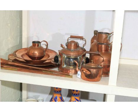 Collection of copper wares including ships lamp, hunting horns, three graduated jugs, monastery plates, etc.