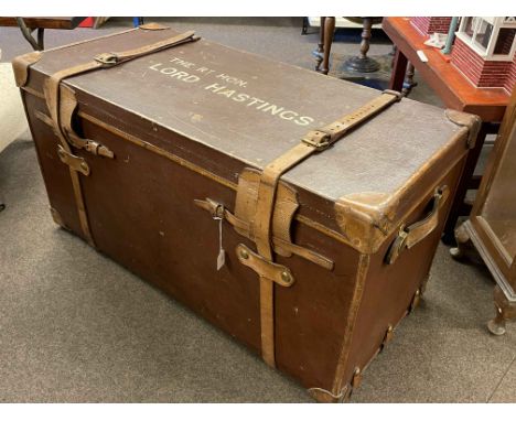 Drew &amp; Sons Piccadilly Circus wood fibre and leather bound travelling trunk with reference to the Rt Hon LORD HASTINGS.