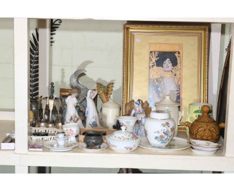 Collection of Nao figurines, Wedgwood Kutani Crane, metalwares, prints, spoons on stand etc.