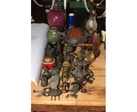 Collection of Oriental and metalwares including three Chinese vases, censors, oil lamp, etc.