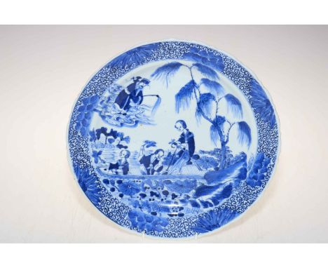 Antique Chinese (Kangxi) blue and white charger, decorated with maidens collecting lily's from a boat, 30.5cm diameter, four 