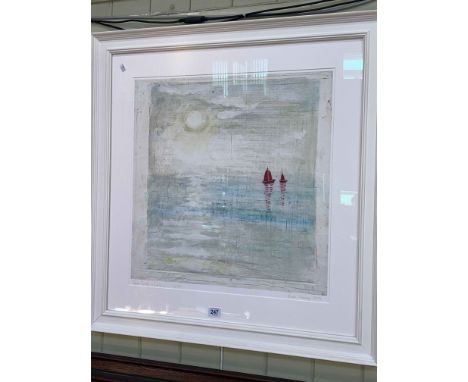 Rose Strang, 'Red Boats, White Sun', signed limited edition print, 2012, image 50cm by 50cm, framed.