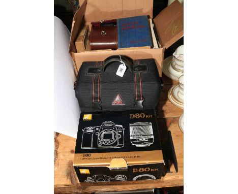 Collection including camera, lenses, stands including vintage Leica handbook and manuals, Carl Zeiss binoculars, etc.