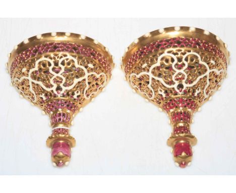 Pair Zsolnay pierced wall brackets, 13.5cm high.