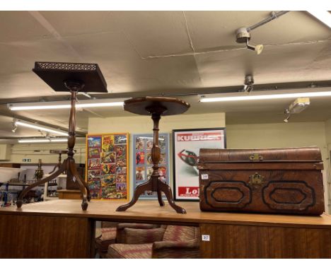 Gallery top tripod wine table, circular top wine table, nest of four mahogany tables, tin trunk and hanging glazed door wall 