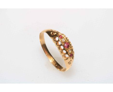 Edwardian ruby and diamond 18 carat gold ring, size R, hallmarked for 1906.