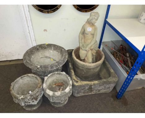 Garden figure, stoneware trough, urn and pair of planters.