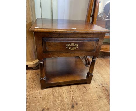 Oak single drawer lamp table with undershelf, 56cm by 55cm by 48cm.