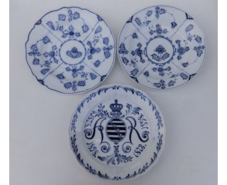 A  Meissen porcelain plate commemorating Albert of Saxony 1828-1898,  9.75"  and two other Meissen plates decorated with styl