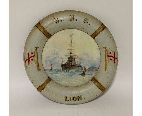 A circular watercolour ship's portrait of HMS Lion, 9.5" diameter,  in painted wooden lifebuoy shaped frame.