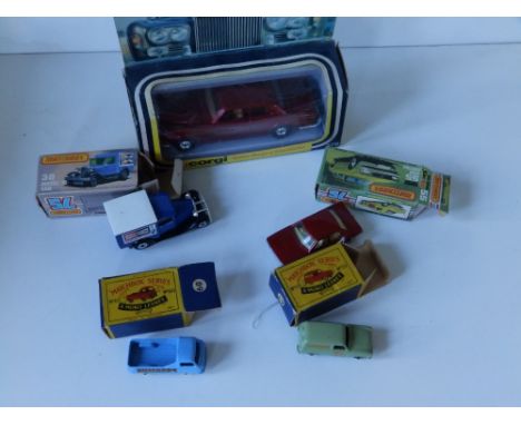 A boxed Matchbox No.59 Ford Thames van , boxed Matchbox No.60 Morris J2 Pickup, two later Matchbox vehicles and a boxed Corgi