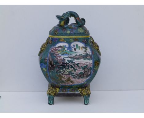 A Chinese porcelain covered vase, of swelling rectangular form, decorated in famille verte palette, the cover having bold app