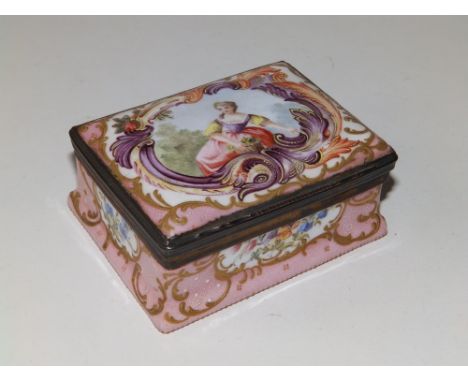 An 18thC Bilston enamel box with hinged lid, decorated in rococo taste to show a young female with flowers on pink ground wit