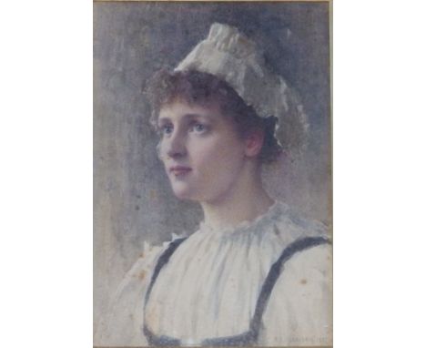 Robert Edward Morrison (1852-1925) - watercolour - Portrait of a girl in white cap, head &amp; shoulders, signed &amp; dated 