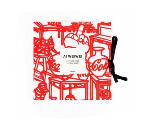 Ai Weiwei,Chinese b.1957-The Silk Scarf ‘Cats and Dogs’, 2020; 100% silk, handwoven and hand-silkscreened red scarf, finished