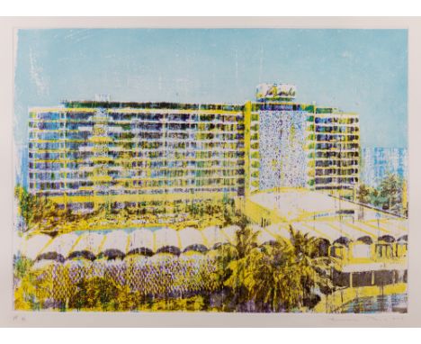 Enoc Perez, Puerto Rican b. 1967-Hotel La Concha, 2005; aquatint in colours on Somerset paper, signed, dated and inscribed AP