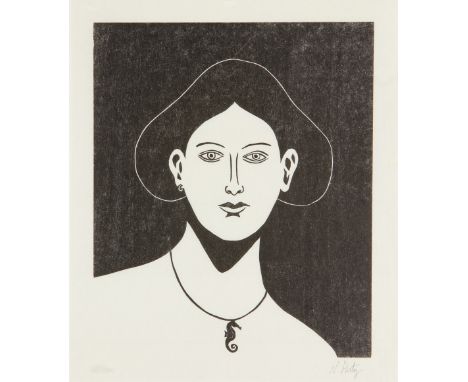 Nicolas Party,Swiss b.1980-Portrait with a Seahorse Necklace, 2021;woodcut print on HM-5 gampi-shi paper,signed and numbered 