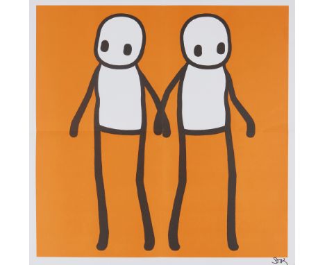 Stik,British, b.1979-Holding hands (Orange); with copy of Hackney newspaper;offset lithograph in colours,signed in black pen,