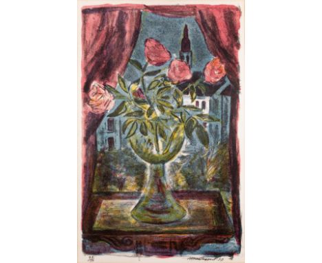 Sir William MacTaggart FRSE RA PPRSA,Scottish 1903-1981,Roses Against the Night Sky, Drummond Place, 1957;lithograph in colou