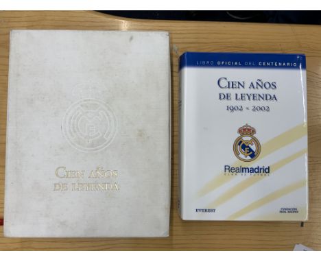 Real Madrid Cased Rare Centenary Football Book: Cine Amos De Leyenda 1902 - 2002 is a very heavy book in embossed white case 