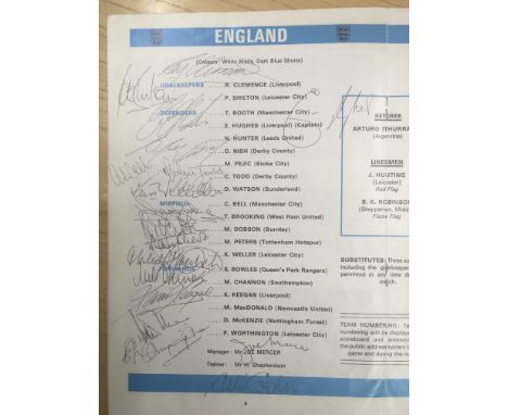 England 1974 Squad Signed Football Programme: England v Argentina programme signed on team page by 18 including Cocker Mercer
