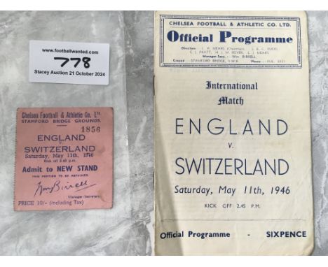 1946 England v Switzerland Football Programme + Ticket: Full International played at Chelsea. Both ticket and programme are f