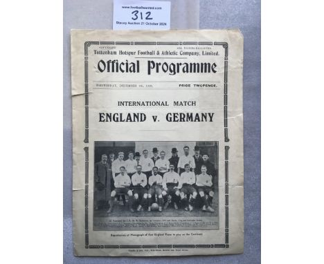 1935 England v Germany Football Programme: Fair condition played at Tottenham. No team changes. Four tears to border.