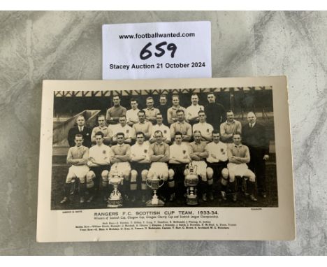 Glasgow Rangers 33/34 Football Team Group Postcard: Squad pictured with 3 cups with title stating Rangers FC Scottish Cup Tea