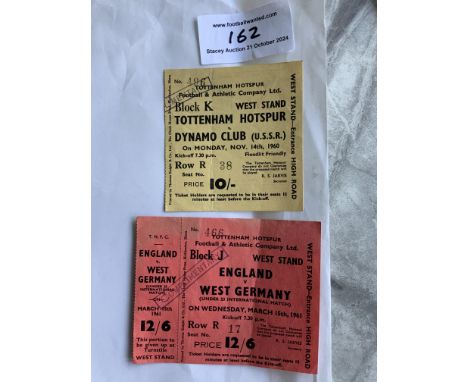 Tottenham 60/61 Home Football Tickets: Friendly v Moscow Dynamo and an unused England v West Germany under 23 played at Spurs