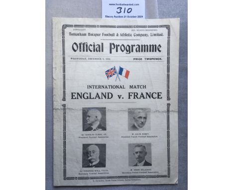 1933 England v France Football Programme: Good condition played at Tottenham. No team changes. Fold.