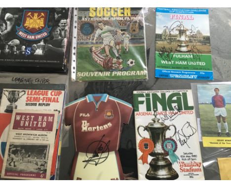 West Ham Football Memorabilia Box: Programmes including 1967 Real Madrid in Houston with slight damage, testimonials, Europea