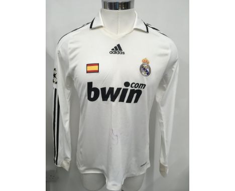 2008 - 2009 Real Madrid Salgado Match Issued Football Shirt; White long sleeve with Champions League badging to one sleeve an