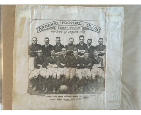 1930 Arsenal FA Cup Winners Football Handkerchief: Large cloth handkerchief with team group of the 30-31 team stating Holders