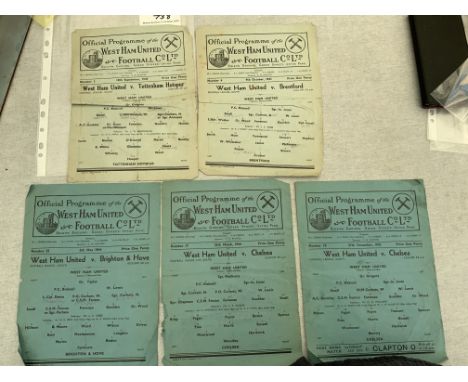 43/44 West Ham Home Football Programmes: League matches v Chelsea Brighton Brentford Tottenham and Chelsea cup. Fair. (5)