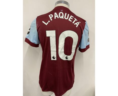 West Ham 2023 - 2024 Match Worn Football Shirt: Claret short sleeve with Premier League badging to arm. Number 14 Paqueta to 