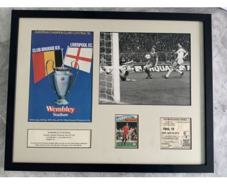 1978 Liverpool European Cup Winners Framed Display: Includes original programme ticket and press photo of Dalglish scoring th