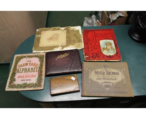 A Victorian scrap album, olive wood album, book with drawings &amp; text, furniture cabinet, etc