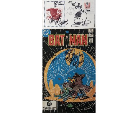 BATMAN STARS SIGNED. Two signed items to include: Batman no 358 signed to front of cover in black marker by Len Wein and Bob 