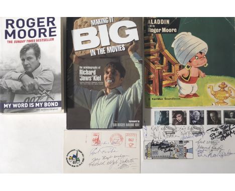 JAMES BOND STARS SIGNED. Four signed items to include: first day cover signed in various inks by: Lois Maxwell, Desmond Llewe