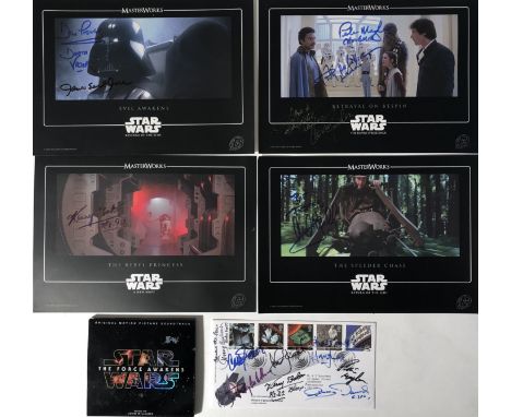 STAR WARS SIGNED. Six signed pieces of Star Wars memorabilia to include: a first day cover signed variously by Kenny Baker, J